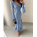 Блакитна сукня міді з квітковим принтом, воланами, довгим рукавом, стильна літня, 42-44 likes-471390