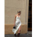Жіноча елегантна сатинова сукня міді на бретелях з розрізом та драпіруванням молочного кольору 46-48 likes-238522